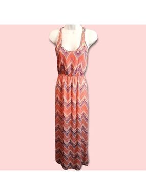 Boho Aztec Print Flowy Lightweight Cinched Waist Racerback Tank Maxi Dress Small